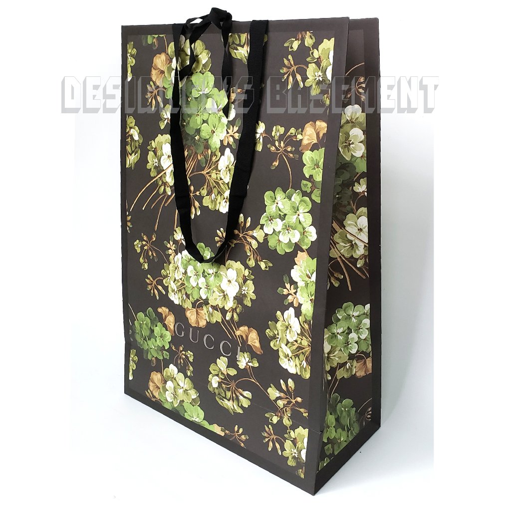 Gucci Authentic New Black  Green Blooms Print Logo TieTop Shopping Bag Large